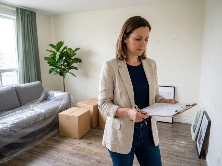 Propriétaire tenant un dossier de diagnostics immobiliers dans un appartement en cours d'ameublement lors du passage de location nue à meublée