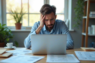 Personne inquiète au bureau avec documents fiscaux et ordinateur