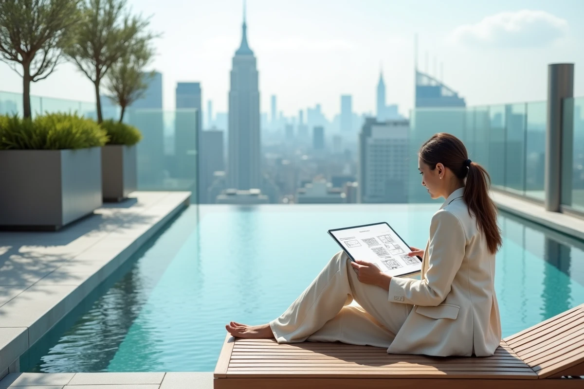 Piscine à débordement sur un toit-terrasse de penthouse avec vue dégagée sur la skyline urbaine