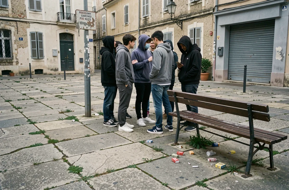 Place publique animée dans un secteur populaire du 9ème arrondissement de Marseille avec commerces fermés et jeunes regroupés