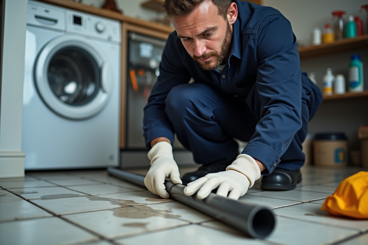 Plombier professionnel inspectant un tuyau bloqué au sol