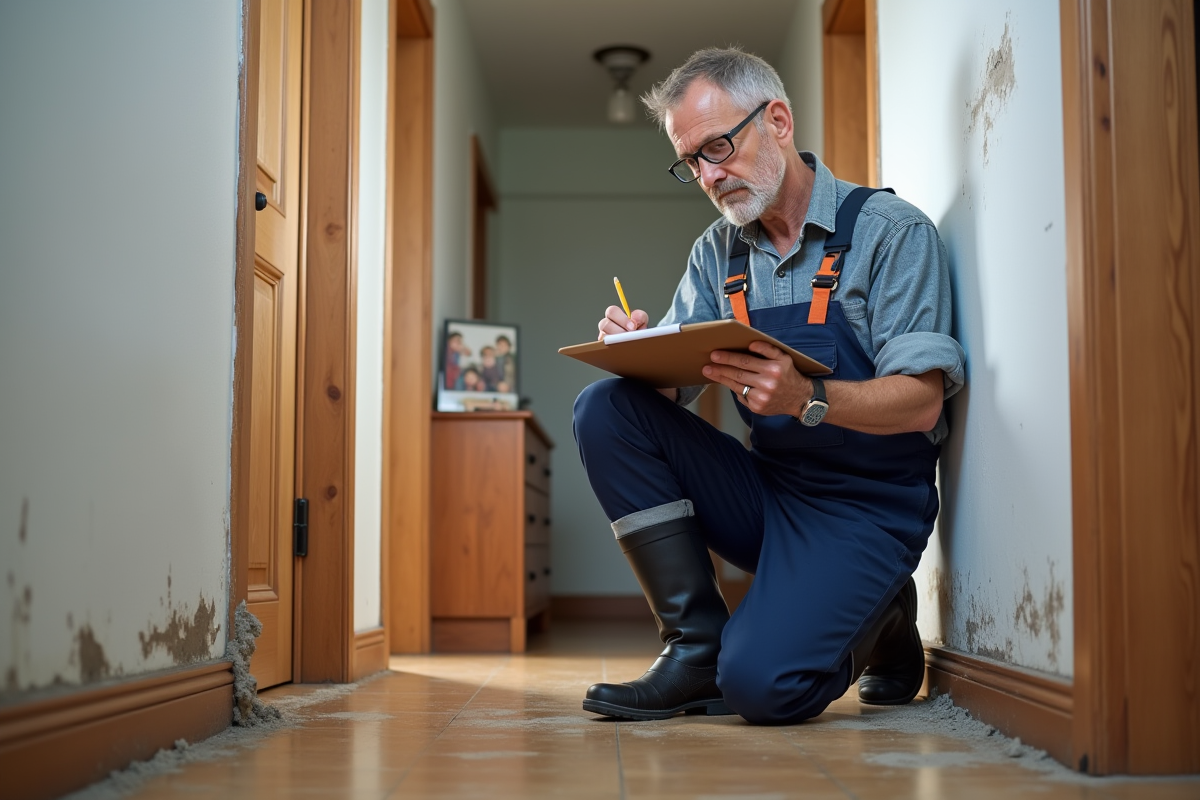 Plombier examinant des dégâts d