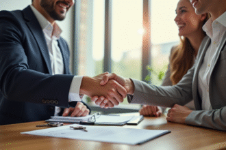 Poignée de main entre agent immobilier et couple heureux