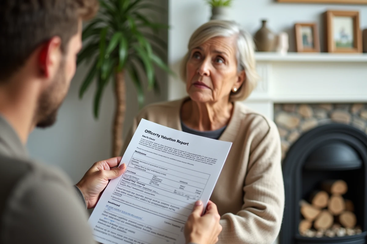 Main du notaire présentant un rapport de valuation à une femme âgée