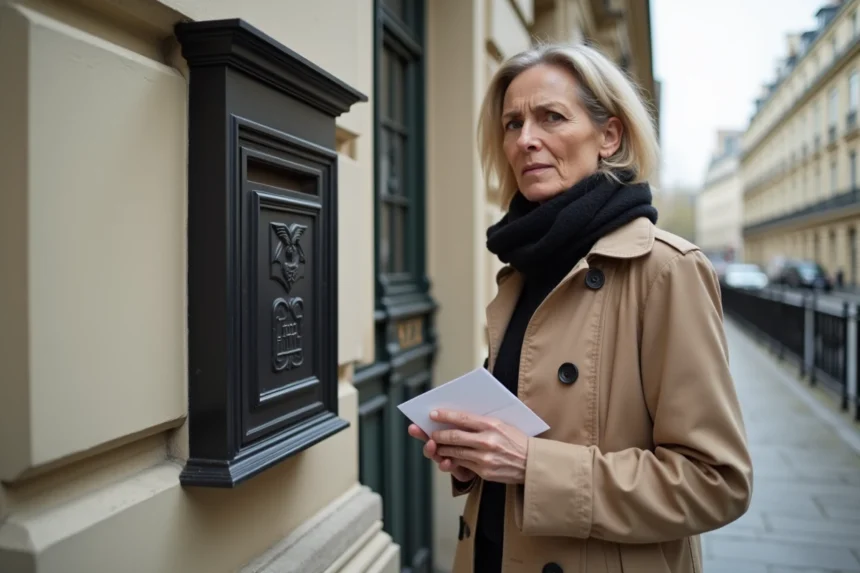 Femme devant une boîte aux lettres d'un immeuble haussmannien à Paris 19e, tenant une lettre non distribuée