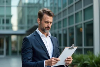 Professionnel de l'immobilier devant un immeuble de bureaux moderne en verre et acier, représentant une société immobilière comme Killahejlaszo Ltd