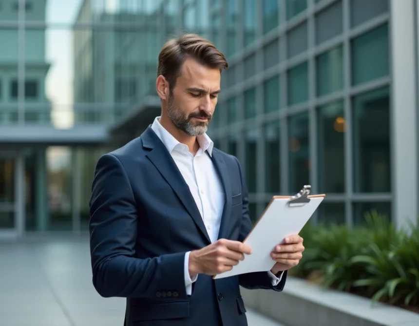 Professionnel de l'immobilier devant un immeuble de bureaux moderne en verre et acier, représentant une société immobilière comme Killahejlaszo Ltd