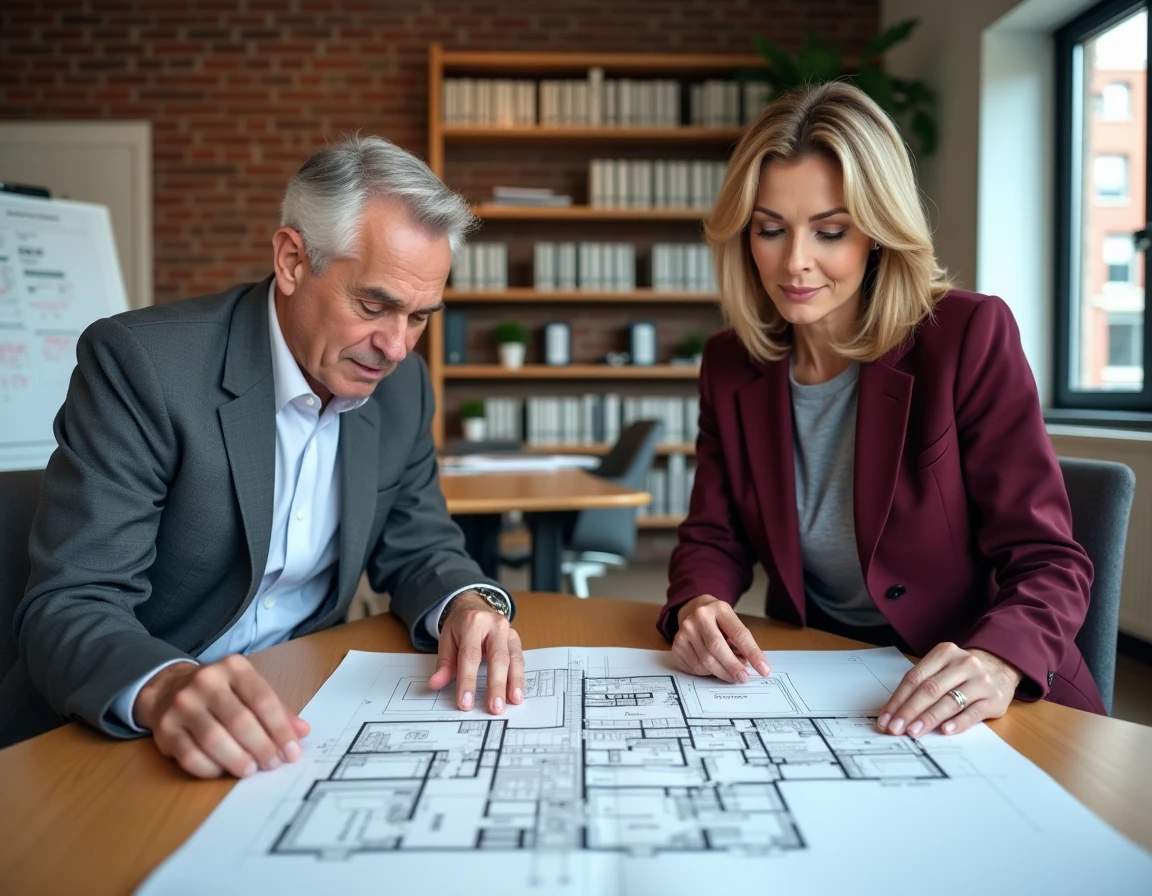 Deux professionnels de l'immobilier analysant un plan architectural dans une agence, illustration d'une investigation sur Killahejlaszo Ltd
