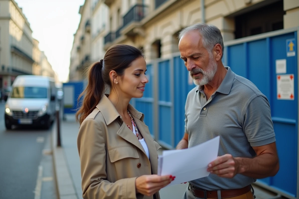 Deux professionnels discutant d'un dossier ChantierAccess devant un chantier parisien en rénovation
