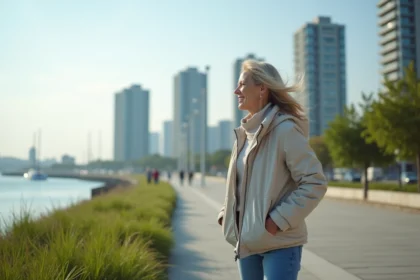 Femme en parka regardant la mer et les immeubles modernes