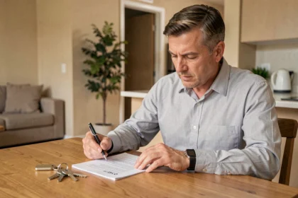 Propriétaire bailleur consultant un contrat d'assurance habitation non occupant posé sur une table en bois