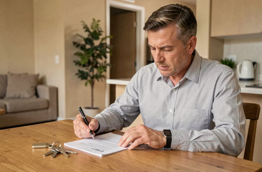 Propriétaire bailleur consultant un contrat d'assurance habitation non occupant posé sur une table en bois