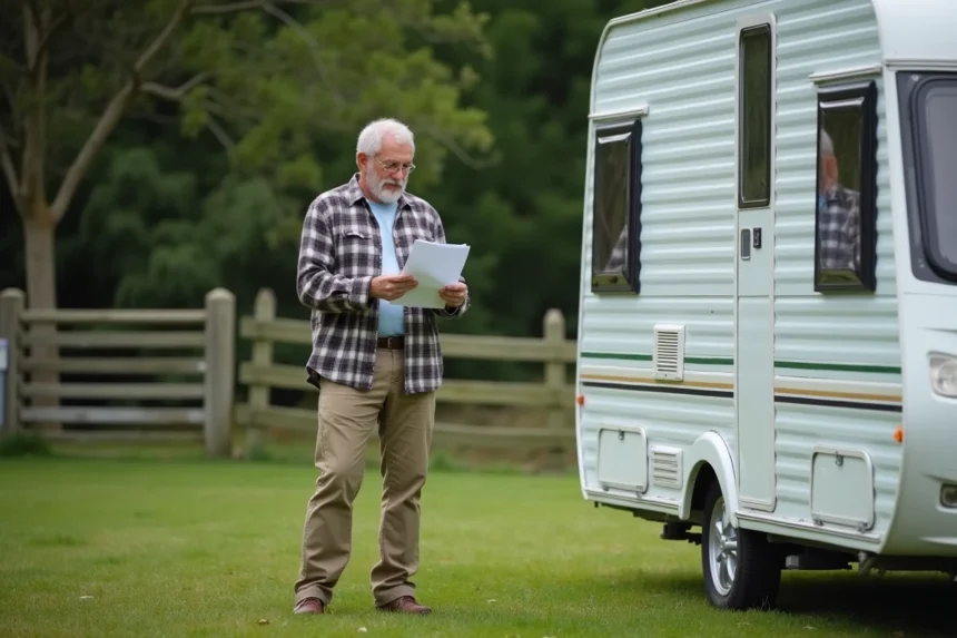 Propriétaire de caravane examinant un contrat de location de terrain annuel devant son mobil-home installé sur un terrain privé arboré