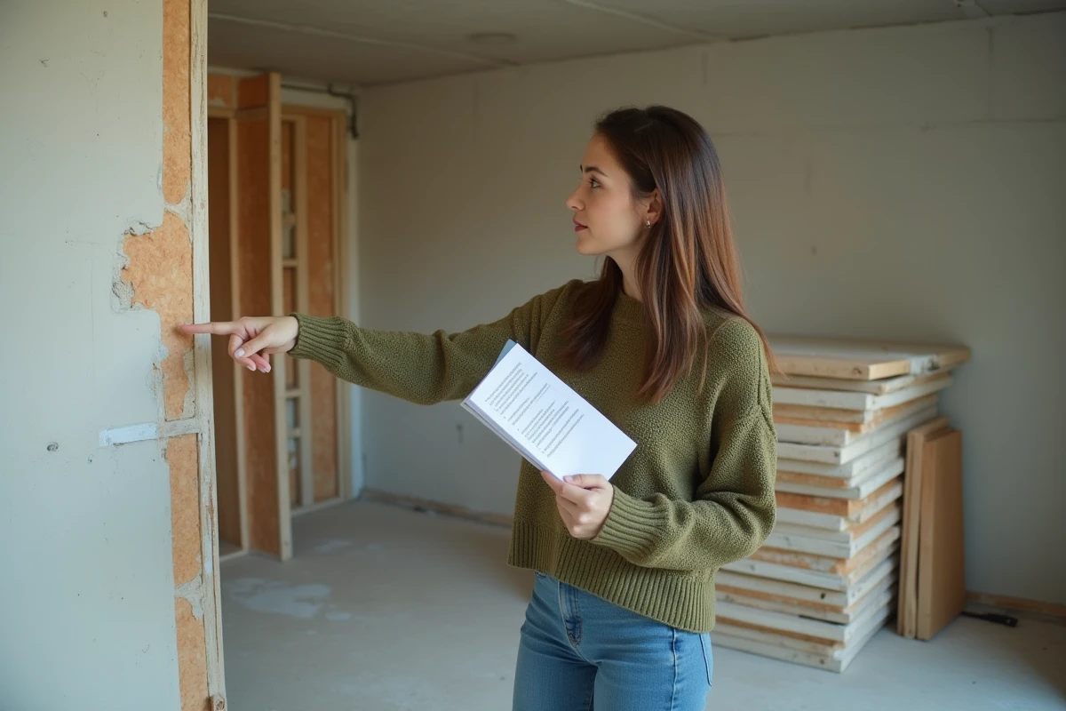 Propriétaire consultant une checklist de rénovation énergétique dans un appartement en cours de travaux avec isolants visibles