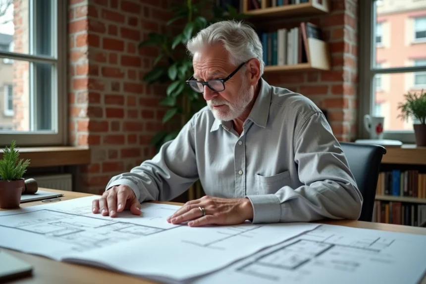 Propriétaire étudiant des plans de rénovation et documents juridiques relatifs aux gros travaux et à l'article 606 du code civil