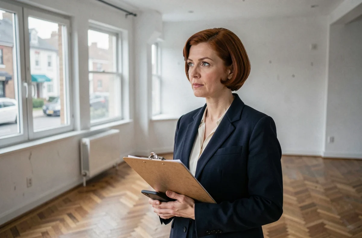 Propriétaire bailleur visitant un appartement vide entre deux locataires, tenant un clipboard dans les mains