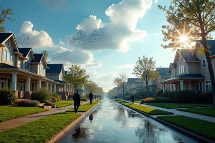 Quartier suburbain après tempête avec maisons endommagées et arbres tombés