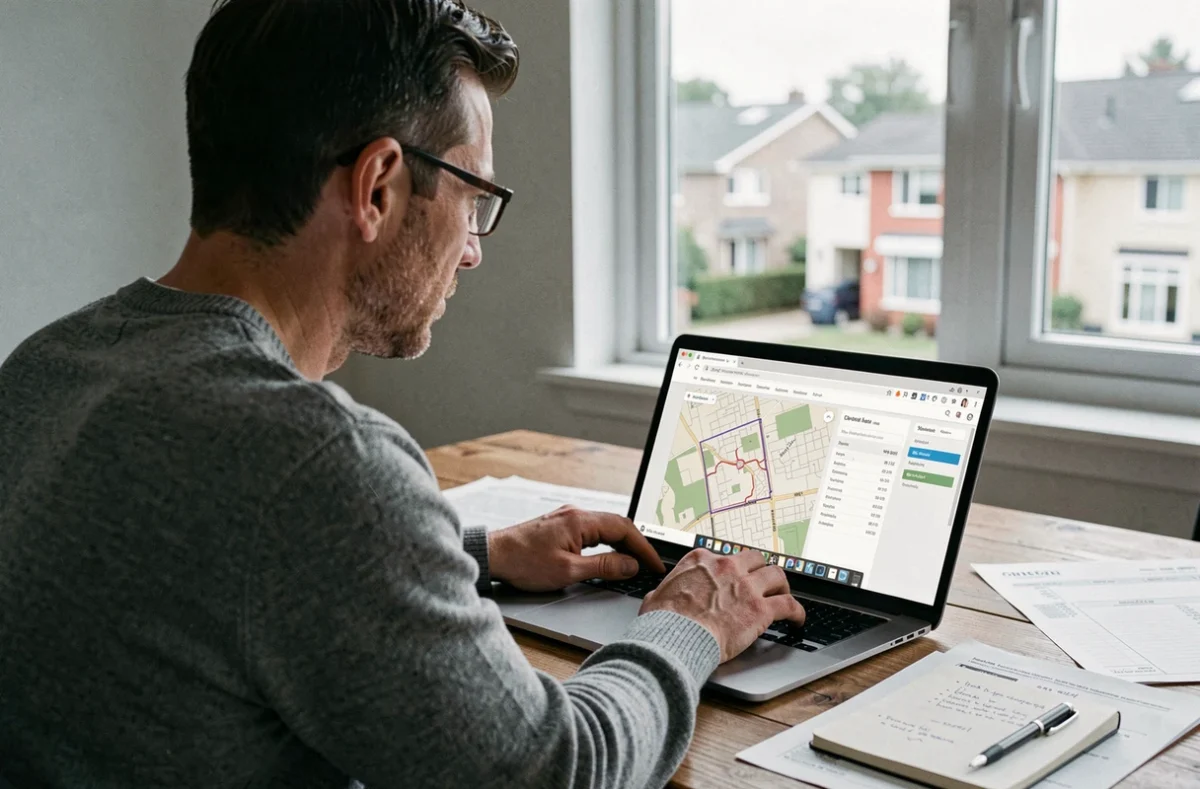 Homme consultant un site cadastral sur ordinateur portable pour identifier le propriétaire d'une maison convoitée, avec des documents immobiliers étalés sur son bureau