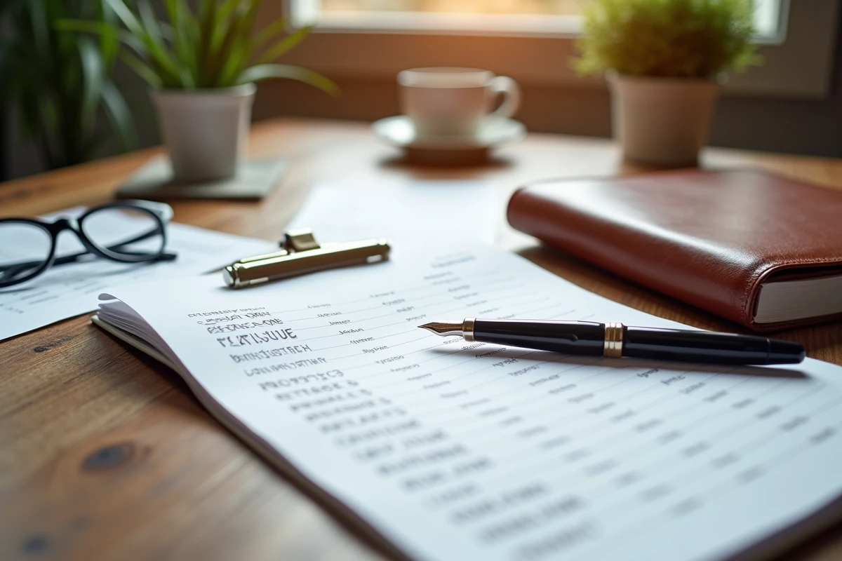 Registre de copropriété ouvert sur un bureau avec stylo plume et documents administratifs