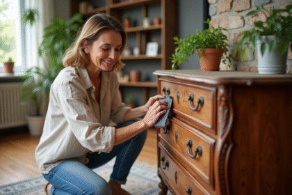 Femme en blouse en lin et jeans rénovant un meuble ancien lumineux