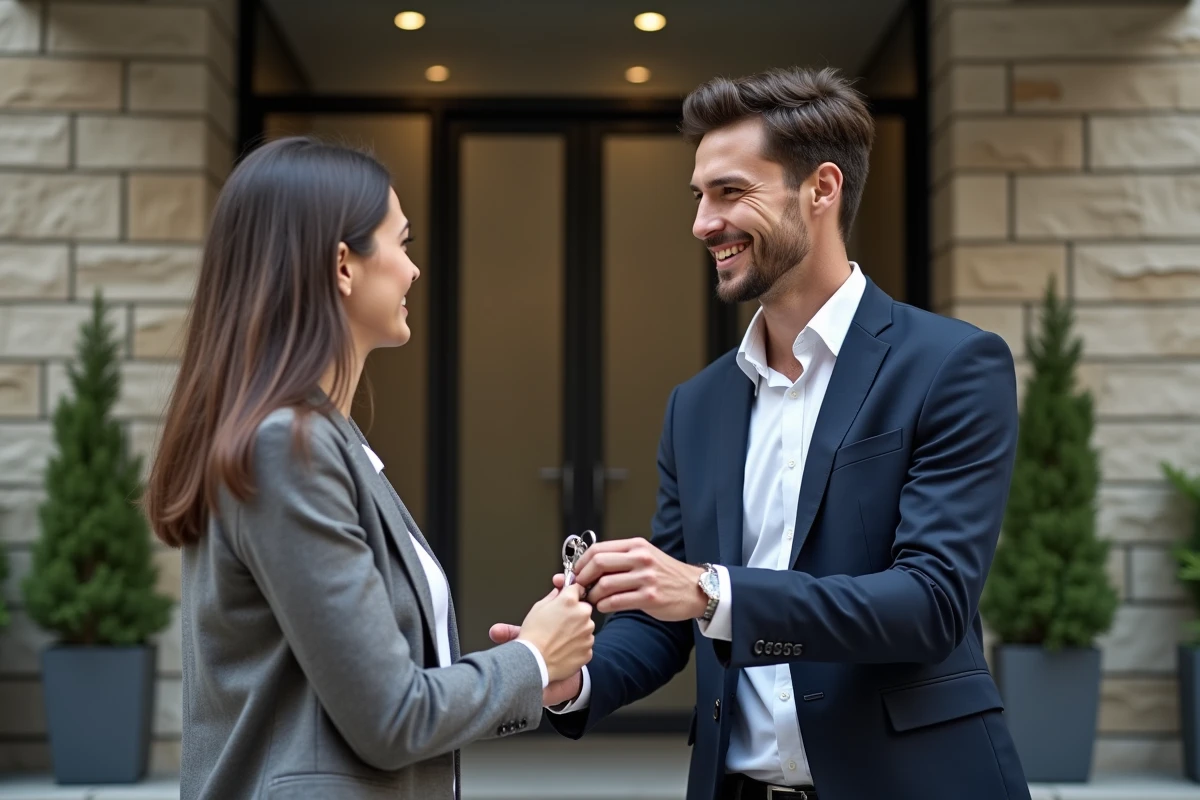 Jeune homme remettant des clés à un locataire devant un immeuble moderne