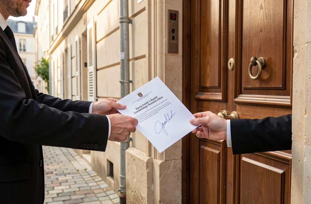 Remise d'un acte officiel devant la porte d'une maison