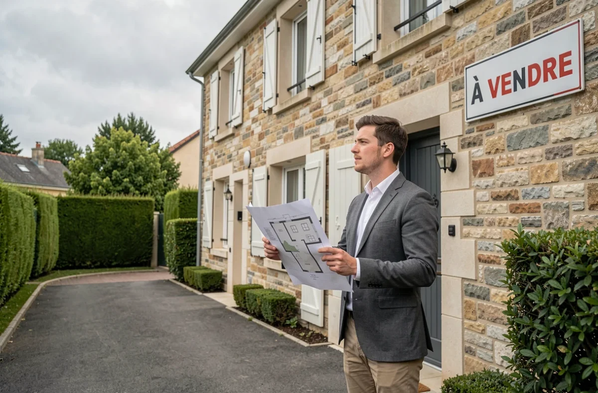 Homme professionnel étudiant un plan de bien immobilier devant une maison à vendre en banlieue française