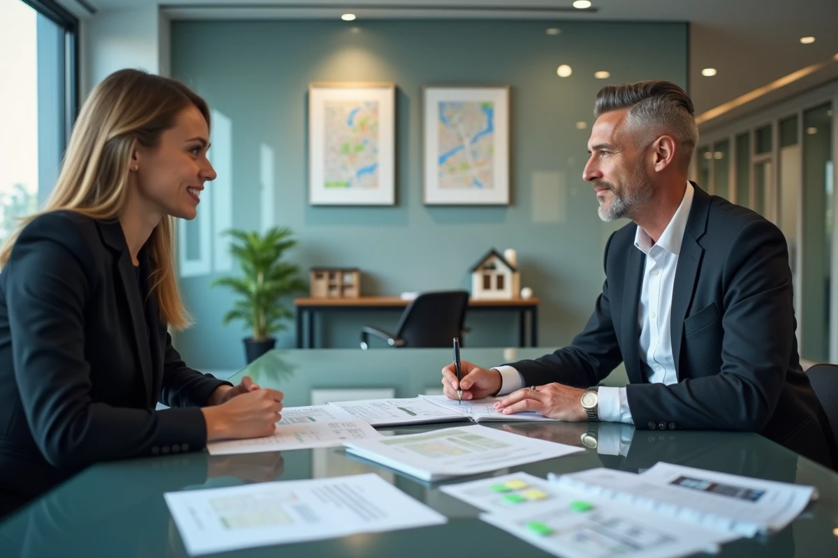 Deux professionnels de l'immobilier discutant d'un dossier d'investissement en studio bis dans une agence