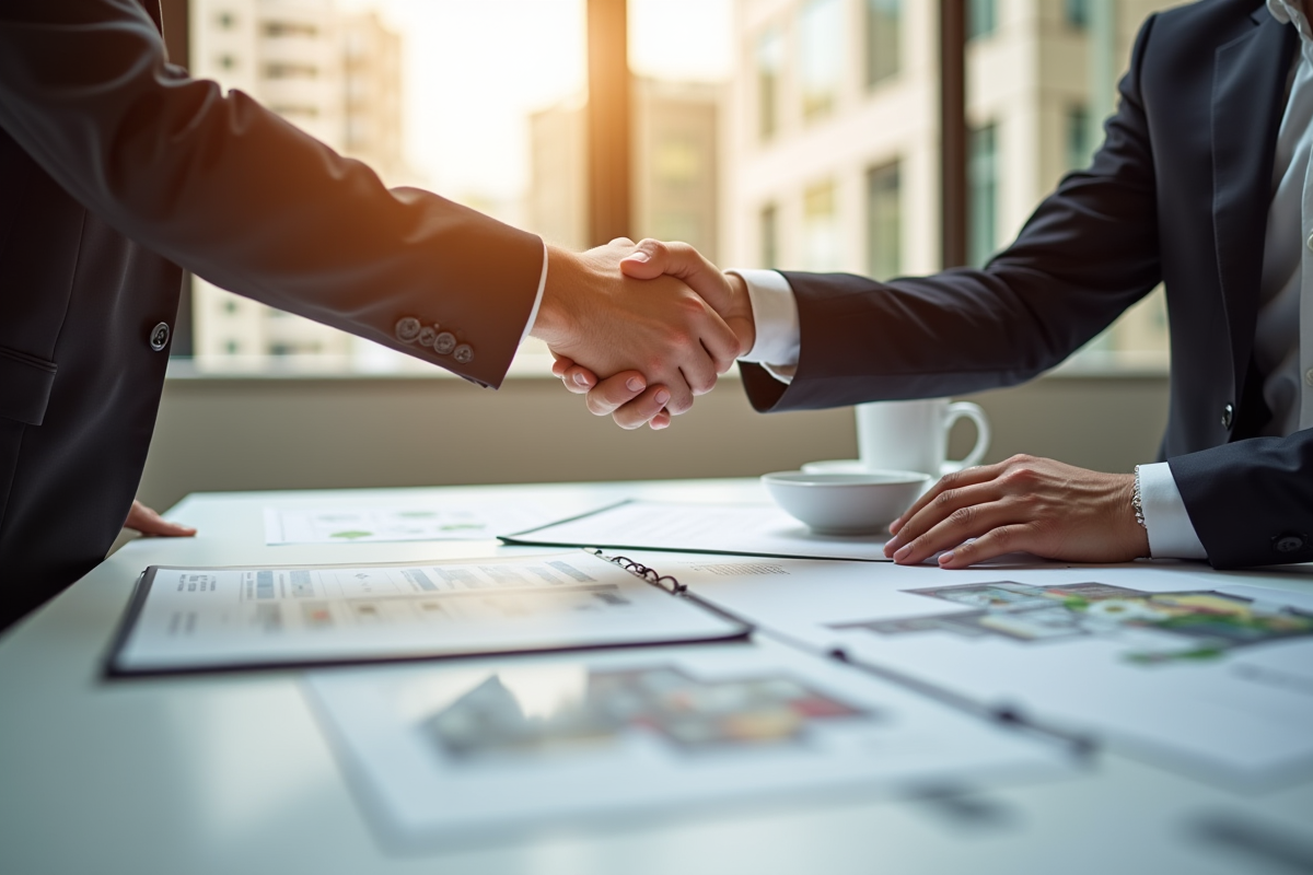 Deux professionnels se serrant la main sur un contrat immobilier