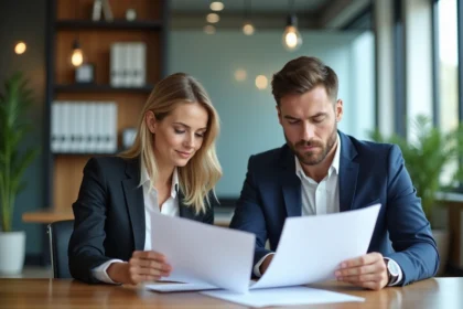 Femme et homme d'affaires examinant des documents immobiliers