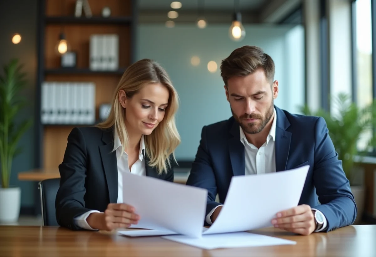 Femme et homme d'affaires examinant des documents immobiliers