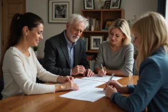 Groupe de quatre adultes examinant des documents d'héritage