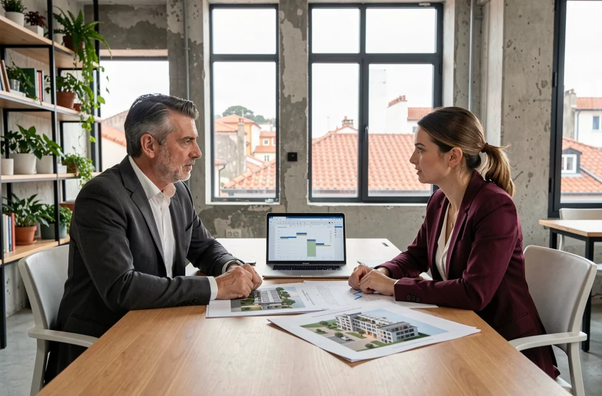 Deux professionnels de l'immobilier discutant de projets de développement urbain à Porto autour de plans architecturaux