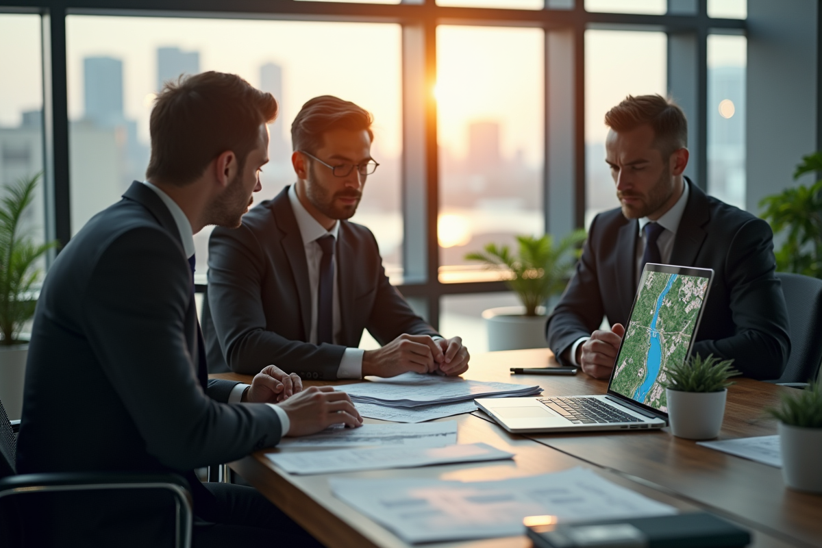 Professionnels discutant dans un bureau avec carte d