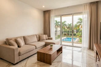 Salon moderne d'un appartement en résidence à Abidjan avec balcon donnant sur une piscine et des palmiers