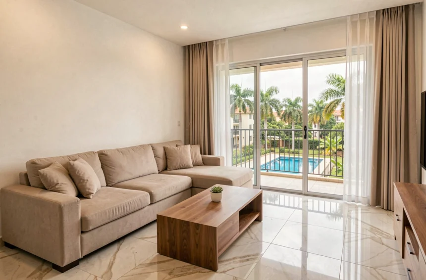 Salon moderne d'un appartement en résidence à Abidjan avec balcon donnant sur une piscine et des palmiers