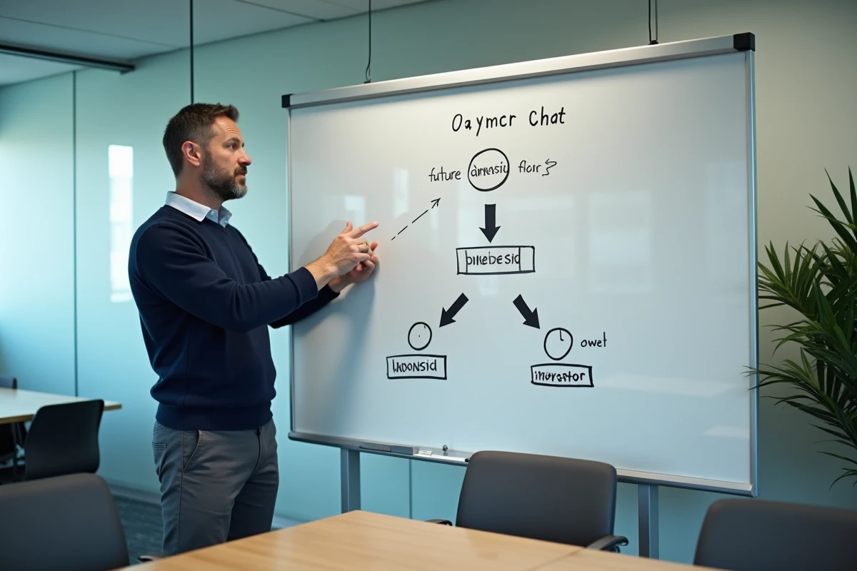 Chef d'entreprise planifiant la structure d'une SCI sur un tableau blanc pour accueillir de futurs associés