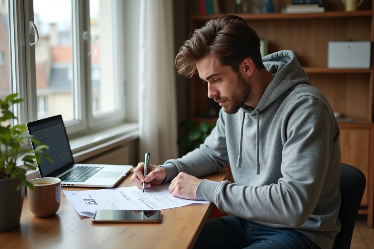 Jeune homme remplissant un formulaire de signalement de problème de distribution postale dans un appartement parisien