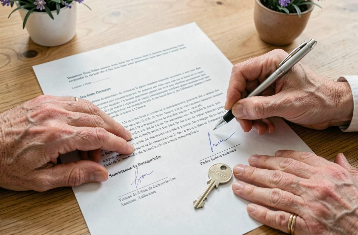 Signature d'un compromis de vente immobilière suite à un divorce dans le Calvados avec clé de maison posée sur le document