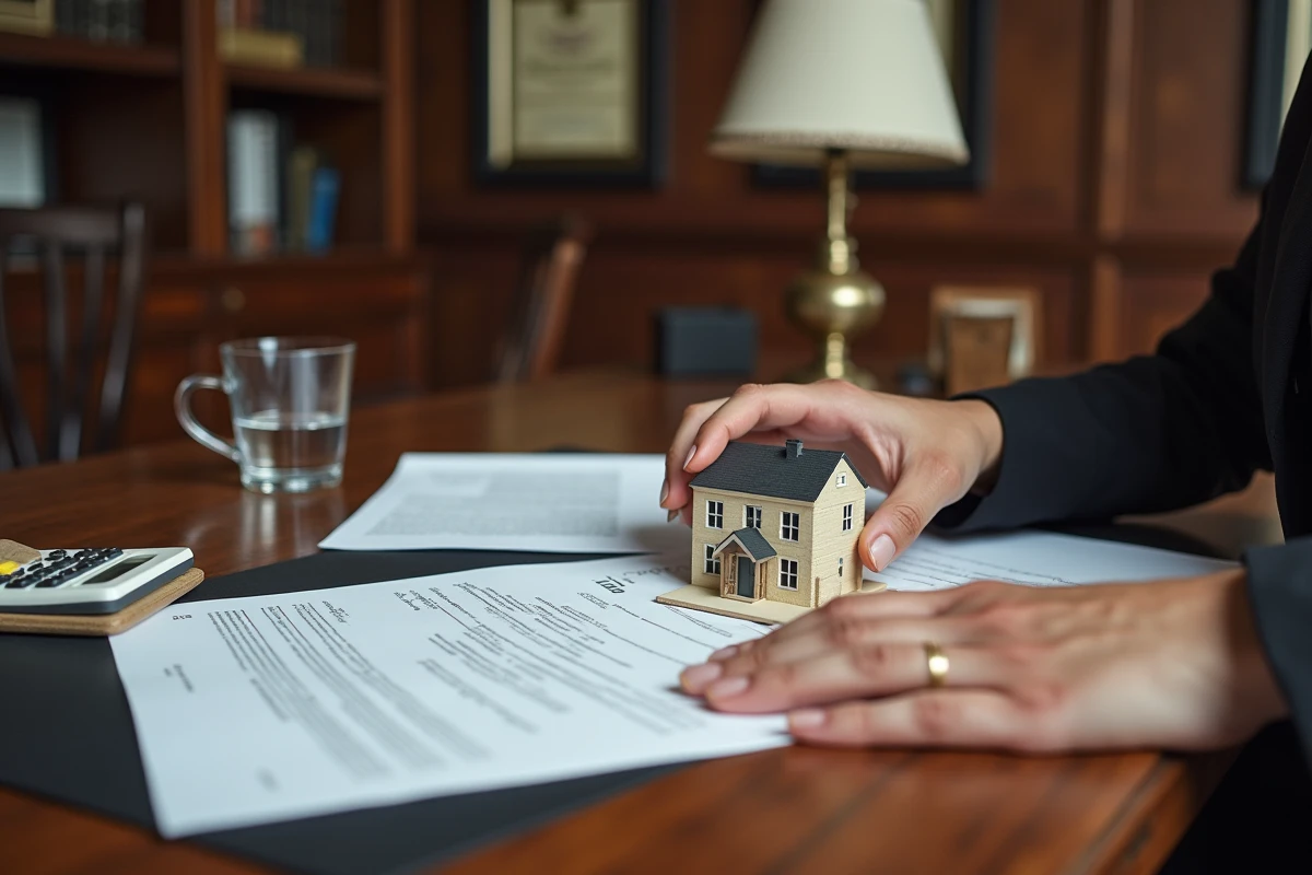 Mains féminines organisant les statuts d'une SCI et un modèle immobilier sur un bureau de notaire