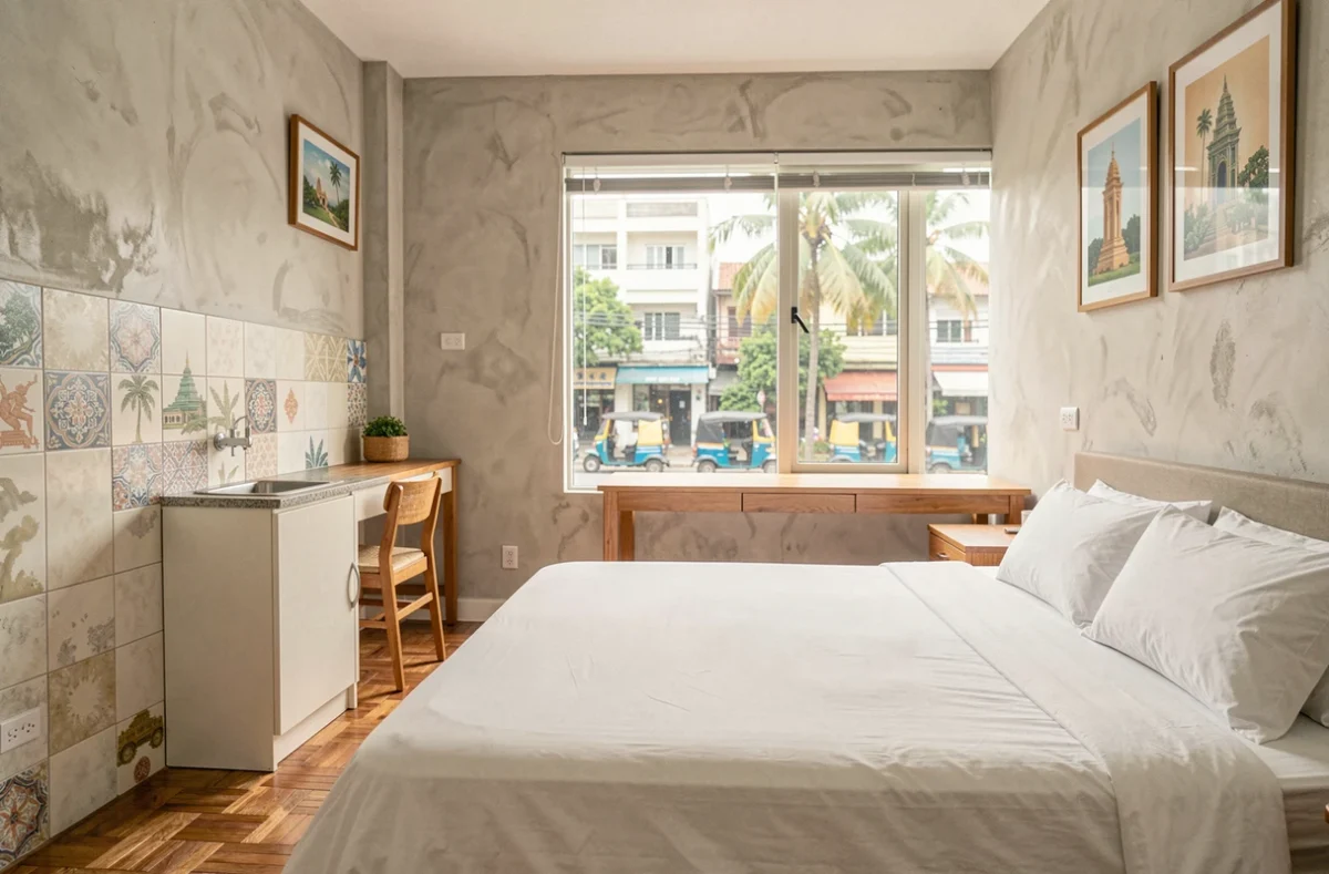Studio meublé à louer à Bangkok avec vue urbaine, typique des offres proposées par les agences immobilières locales
