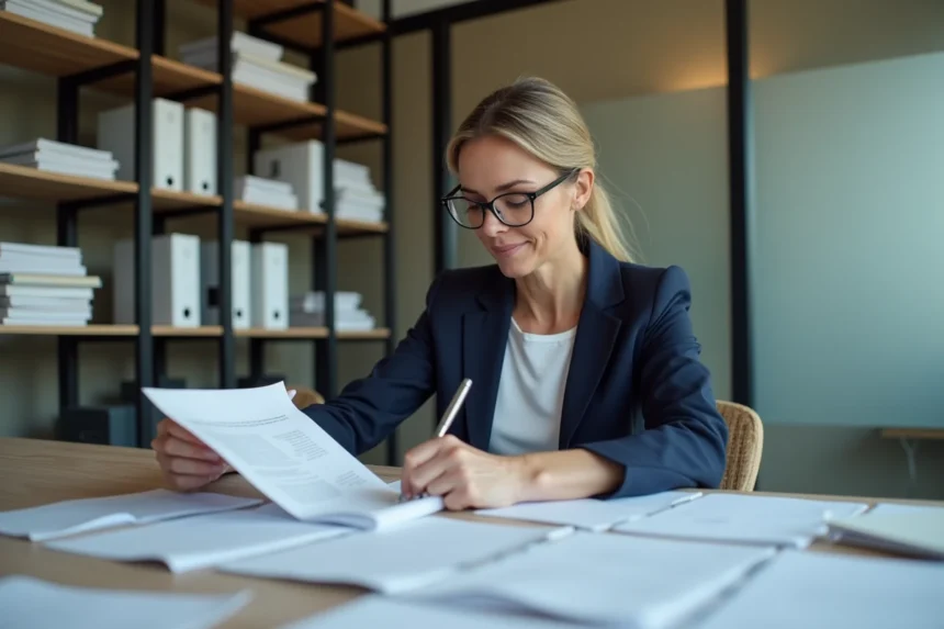 Syndic de copropriété examinant le registre des copropriétaires dans un bureau professionnel