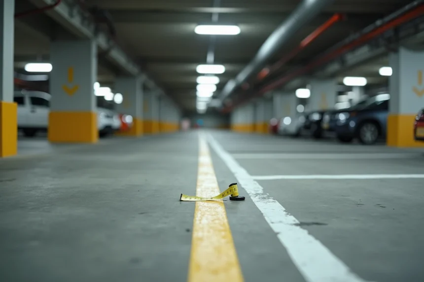 Place de parking standard dans un parking souterrain d'immeuble résidentiel avec lignes de marquage au sol et mètre ruban pour mesurer la largeur réglementaire