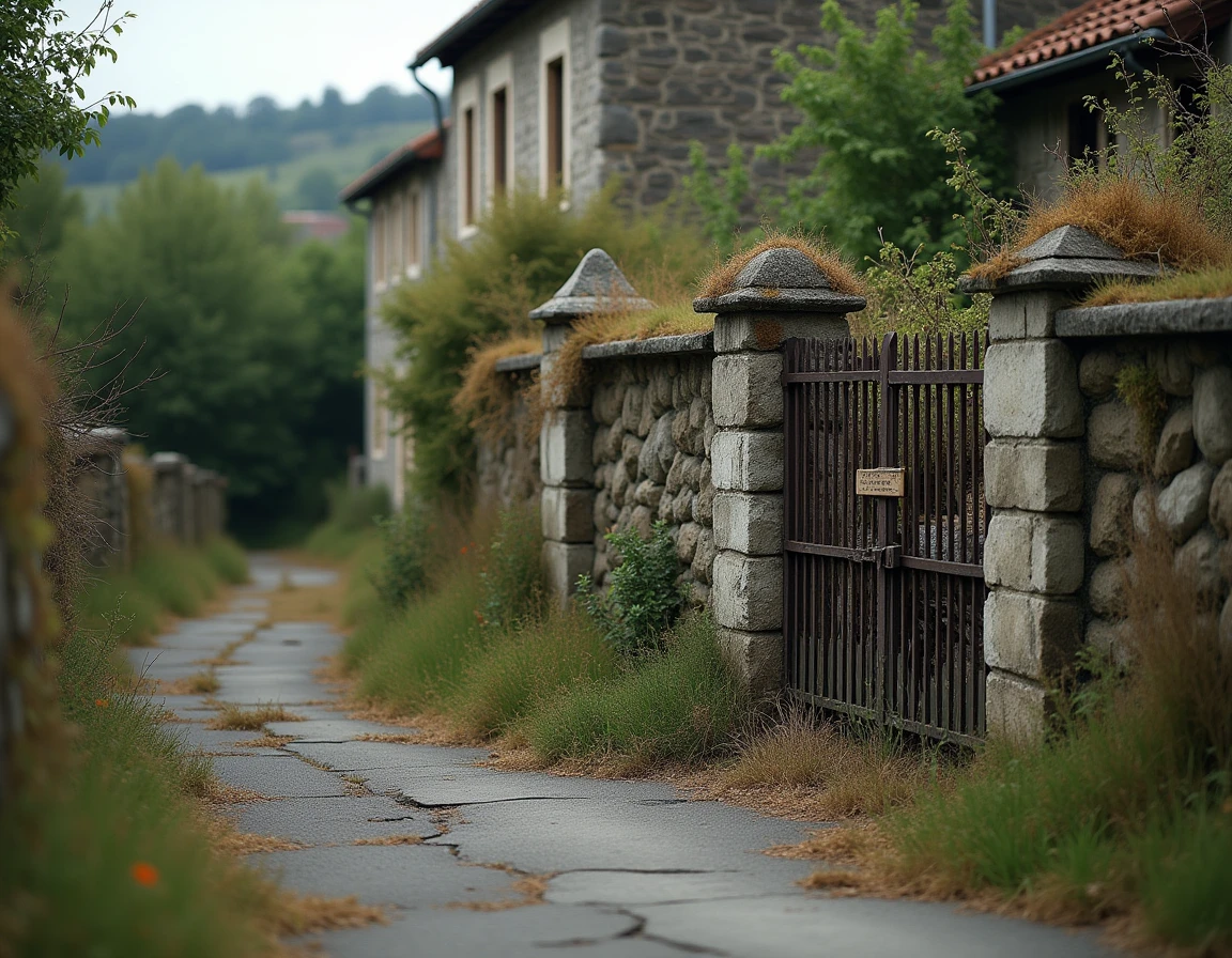 Terrain abandonné en milieu rural avec portail rouillé et végétation envahissante illustrant une parcelle sans propriétaire identifiable