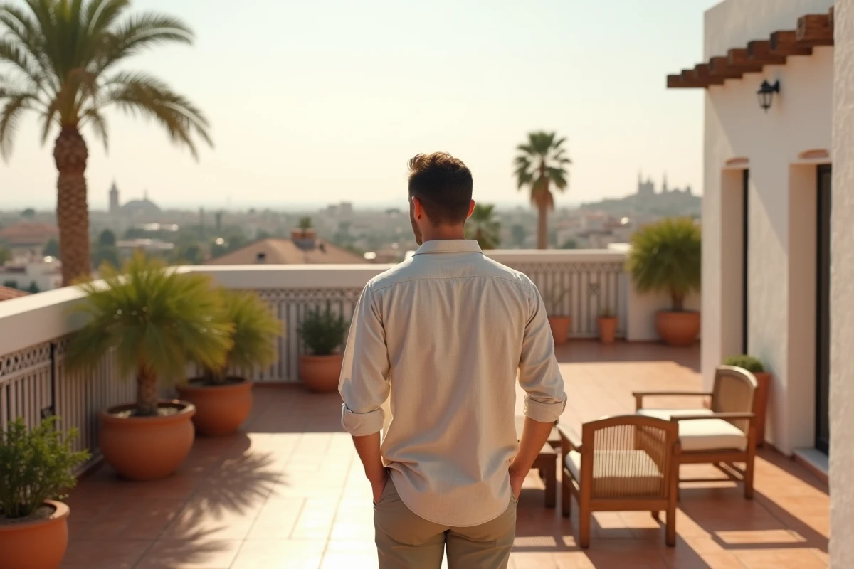 Propriétaire sur la terrasse commune d'une résidence en copropriété à Marrakech avec vue sur la ville