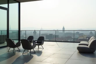 Grande terrasse d'un penthouse moderne avec vue panoramique sur une ville européenne et mobilier design