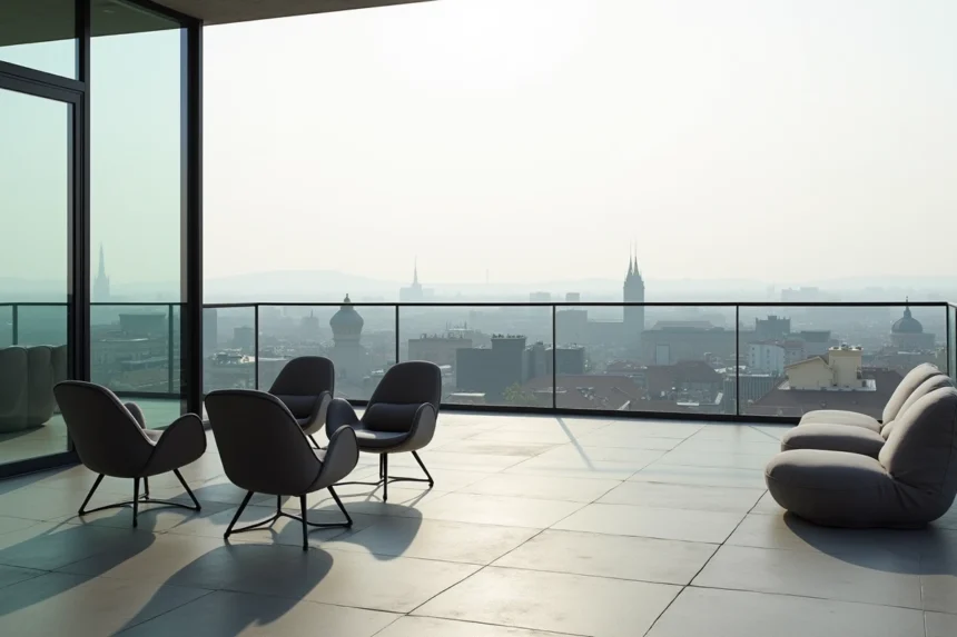 Grande terrasse d'un penthouse moderne avec vue panoramique sur une ville européenne et mobilier design