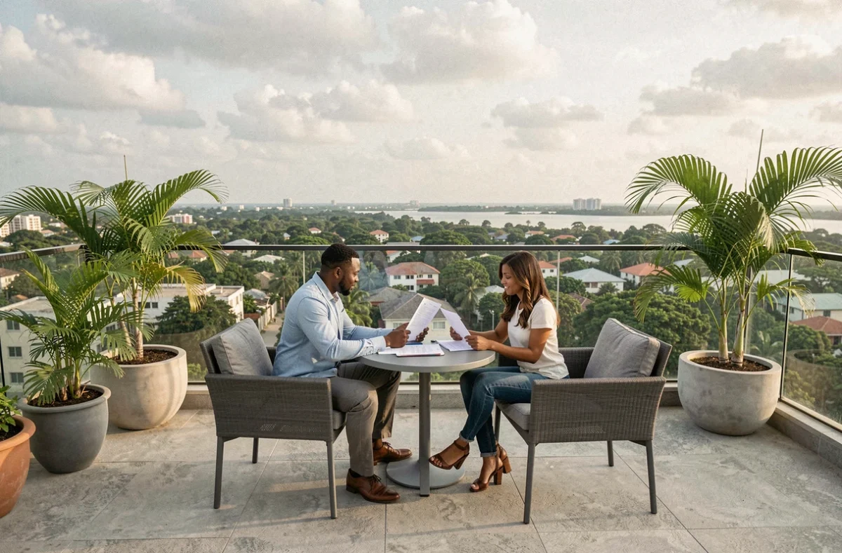 Terrasse d'une résidence moderne à Abidjan avec vue sur la ville et la lagune, deux locataires discutant autour d'une table