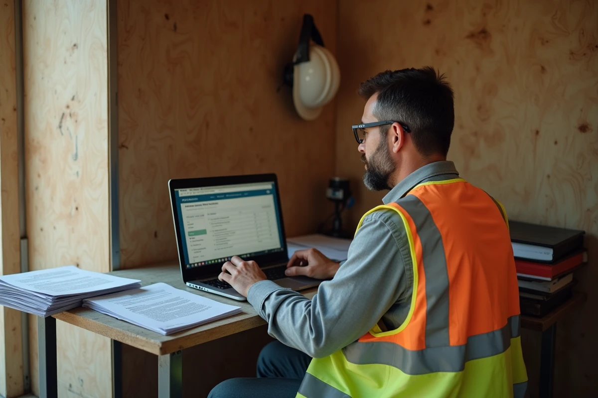 Travailleur de chantier complétant une demande ChantierAccess sur ordinateur dans une cabane de chantier