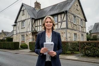 Femme sereine tenant des documents immobiliers devant une maison normande en pierre à vendre dans le Calvados
